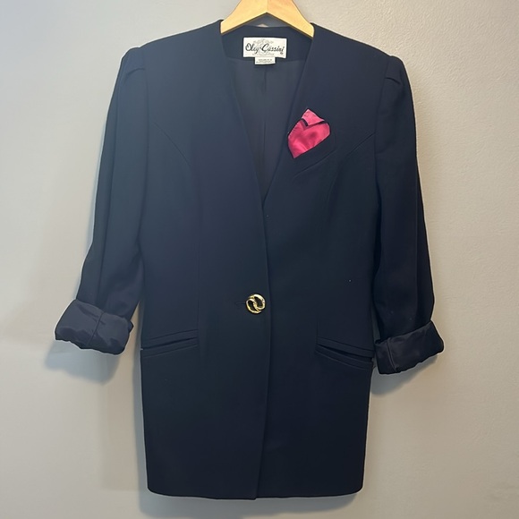 Oleg Cassini Vintage Navy collarless wool blazer single button size M/ L - Picture 16 of 16